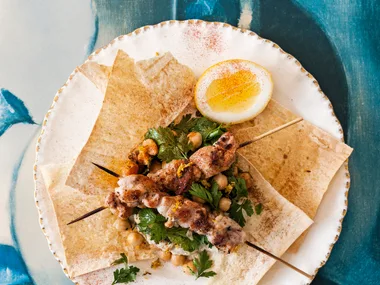 Smoky eggplant with chickpea salad and cumin chicken kebabs