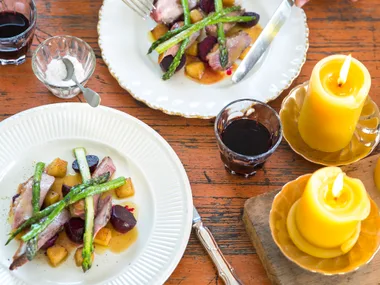 Duck with caramelised apple, balsamic beetroot and amaretto sauce
