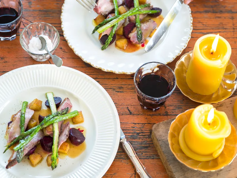 Duck with caramelised apple, balsamic beetroot and amaretto sauce