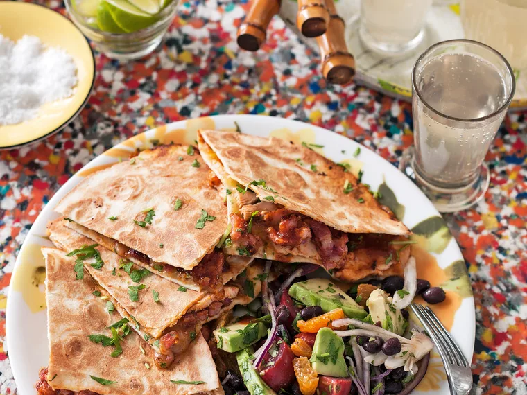 Quesadillas with black bean, avocado and tangelo salad