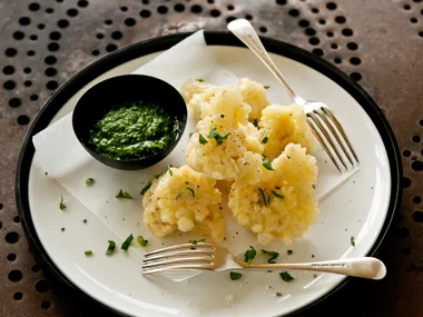 Tempura cauliflower cheese with parsley dipping sauce