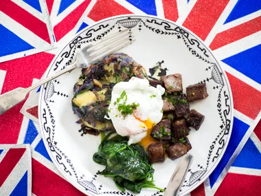 Bubble and squeak beef brisket with poached egg