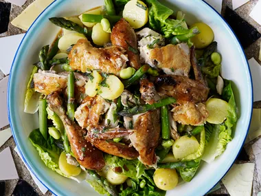 Warm roasted chicken salad tumbled with asparagus, new potatoes and tarragon cream dressing