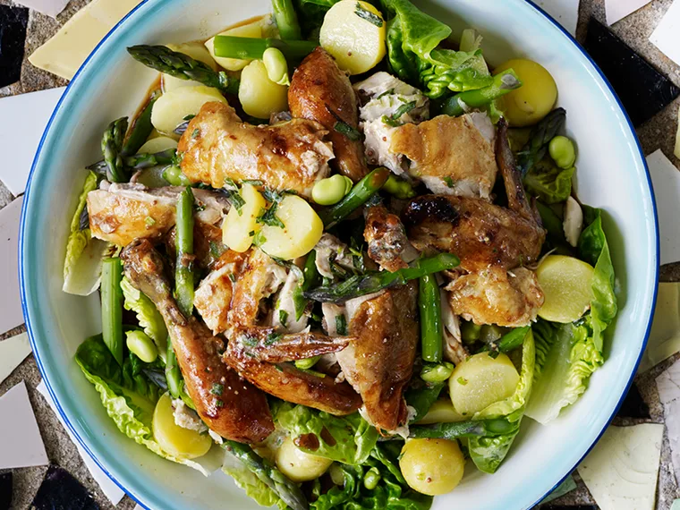 Warm roasted chicken salad tumbled with asparagus, new potatoes and tarragon cream dressing