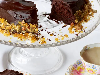 Chocolate cake with rum glaze and almond praline