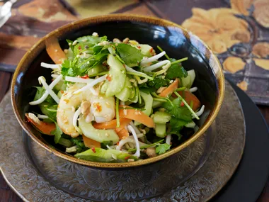 Prawns, edamame beans and fresh herb salad