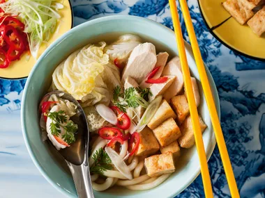 Soup with chicken, wong bok, hokkien noodles, tofu and chilli