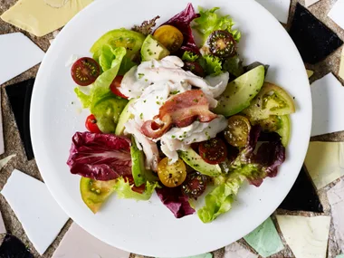 Smoked fish, avocado and tomato salad with jalapeño mayo and sizzled pancetta