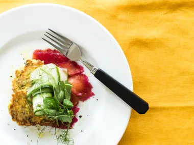 Vodka-cured salmon with corn and dill cakes