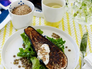 Roasted spiced eggplant with lentils, kale, yoghurt and dukkah