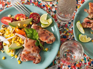 Chicken with lime leaves and barbecued corn salad
