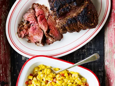 Scotch fillet with spicy rub and creamed corn