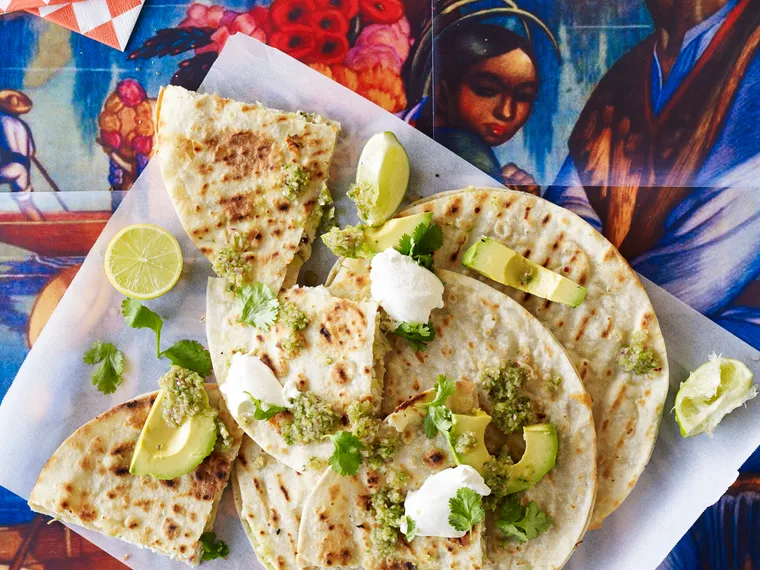 Chicken quesadillas with green-tomato salsa