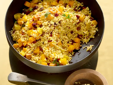 Golden burghul, pumpkin and sultana salad