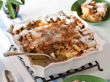 Rhubarb and hazelnut bread pudding