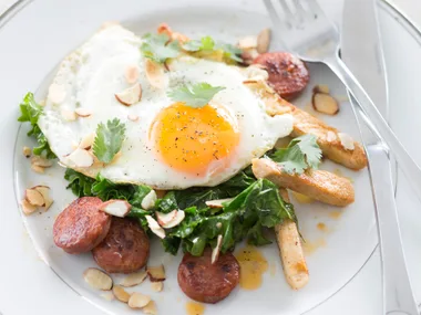Fried ginger eggs with chicken and chorizo
