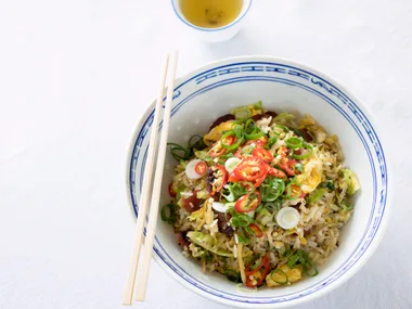 Fried rice with chinese sausage and winter greens