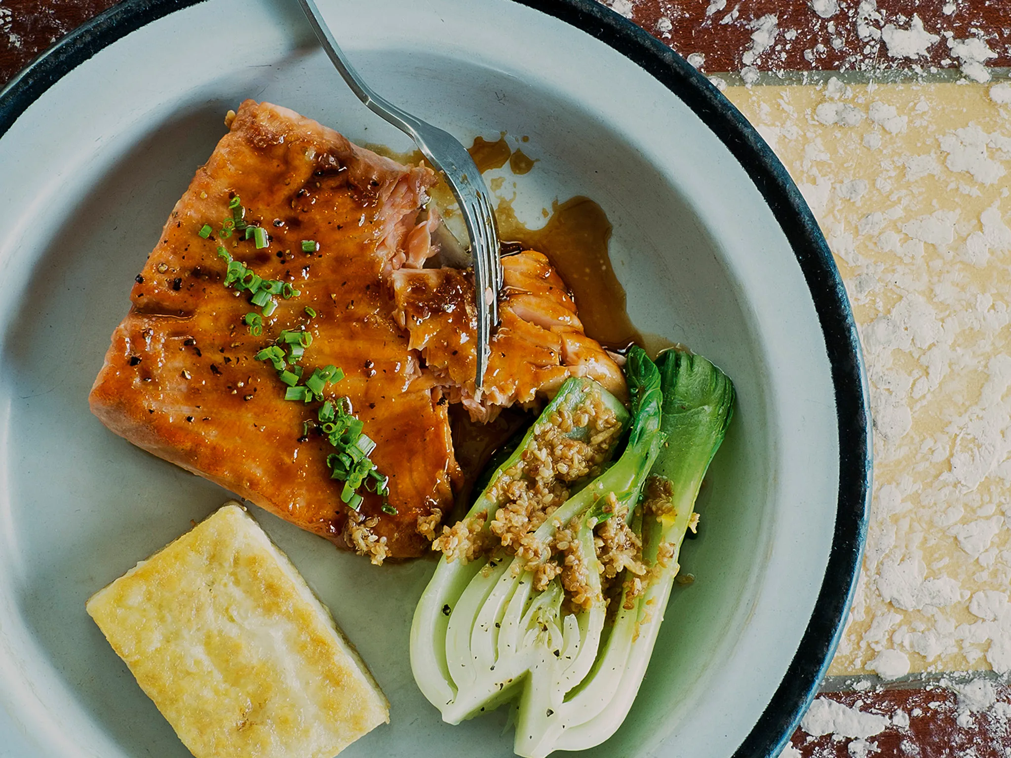 Miso-glazed salmon with bok choy and sesame paste