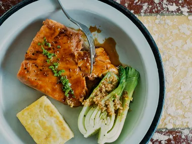 Miso-glazed salmon with bok choy and sesame paste