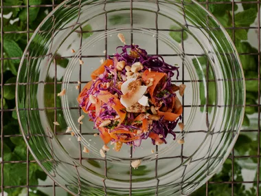 Asian coleslaw with spiced tofu and peanuts