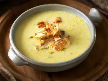 Sweetcorn soup with fried tortilla topping