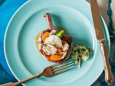 Chargrilled pork cutlets with gingery carrot, radish and cucumber salad