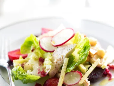 Smoked turkey, apple, beet and macadamia salad