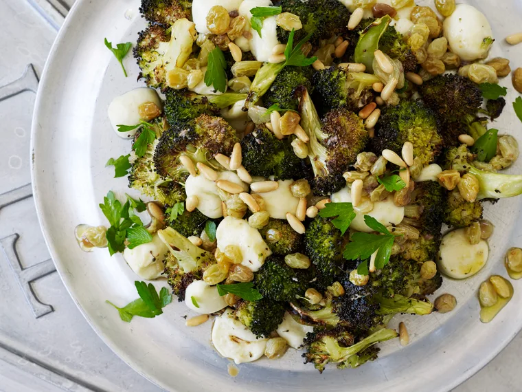 Sicilian roasted broccoli with mozzarella and sultanas