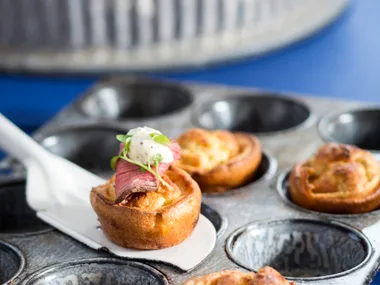 Duck-fat mini yorkies with roast beef, horseradish and mustard