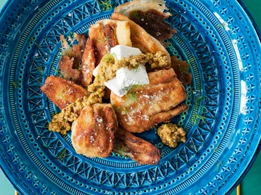 Fried fennel wedges with green olive salsa