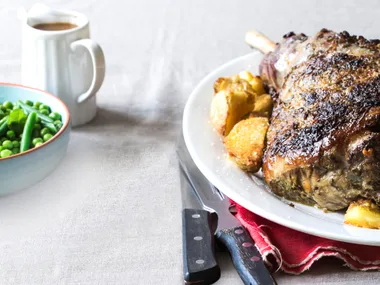 French-style roast lamb with rich onion gravy