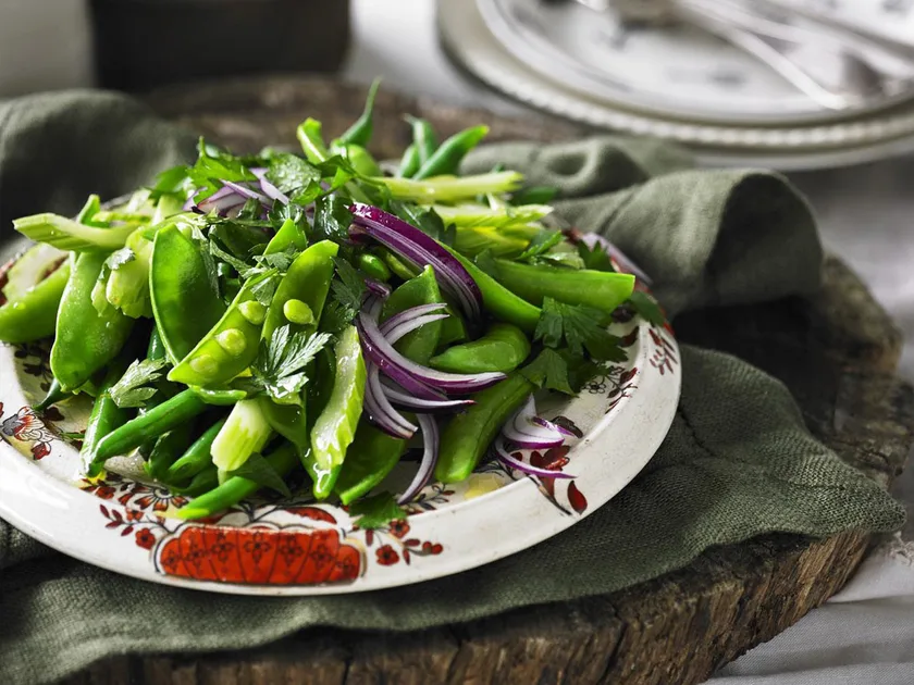 Salad of fresh baby beans and peas