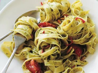 fettuccine with rocket pesto & fresh tomato salsa