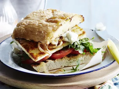 HARISSA HALOUMI BURGERS WITH LEMON MINT MAYONNAISE