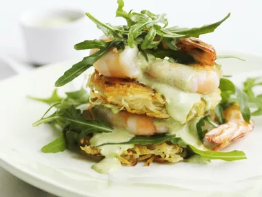 rösti stacks with prawns and mint aïoli