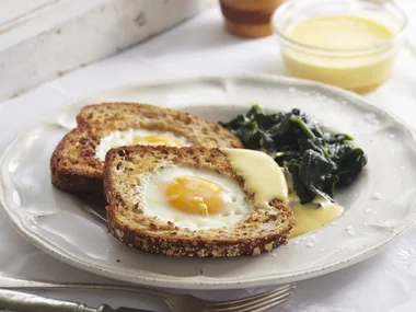 EGGS IN BREAD WITH WILTED SPINACH and Hollandaise Sauce