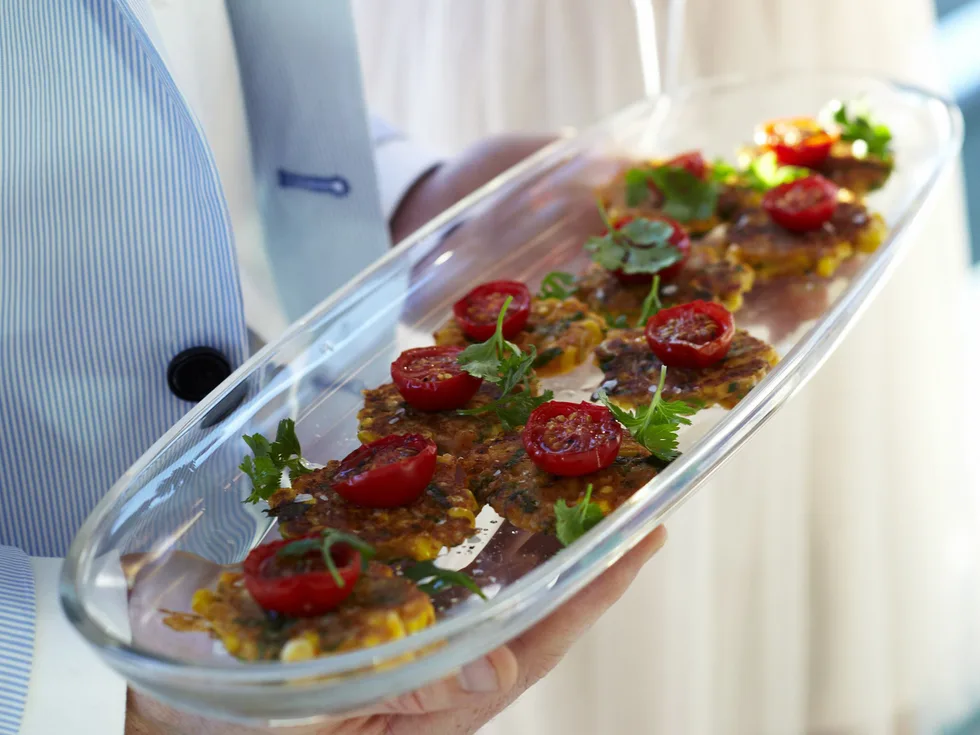 chilli corn fritters with roasted tomatoes