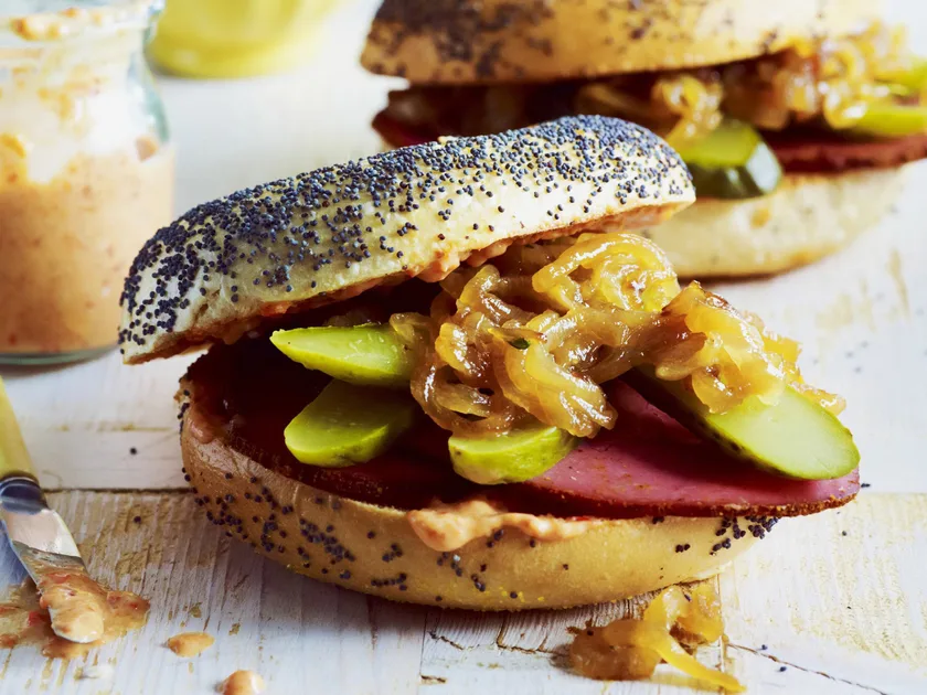 Pastrami, capsicum and onion jam bagels