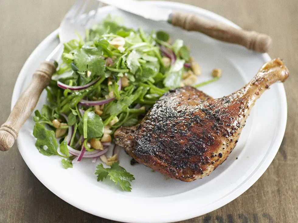 sichuan duck with snow pea salad