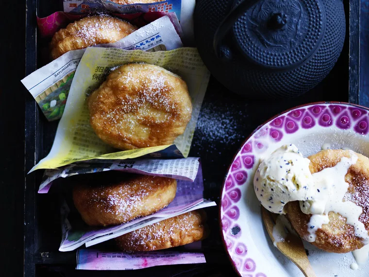 KOREAN WALNUT PANCAKES with black sesame ice-cream