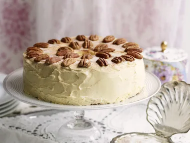 caramel angel food cake with sugared pecans