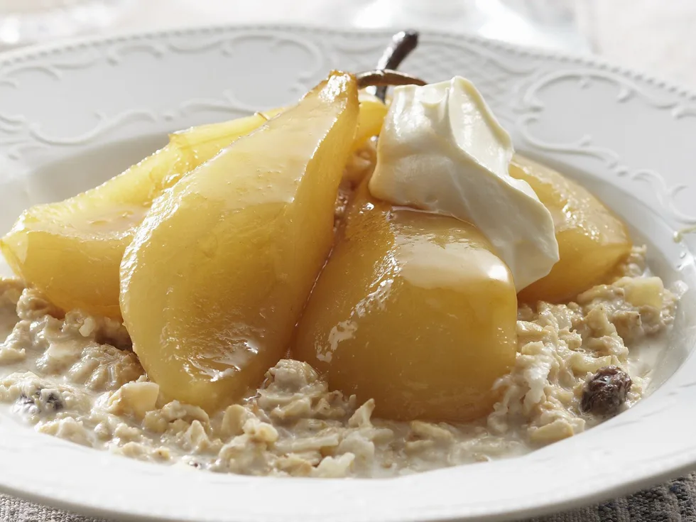 bircher muesli with caramelised poached pears