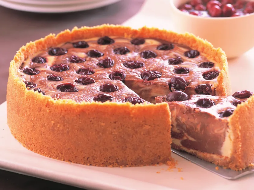Sour cherry chocolate cheesecake