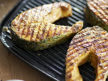 kerala-style salmon with lime pickle yogurt