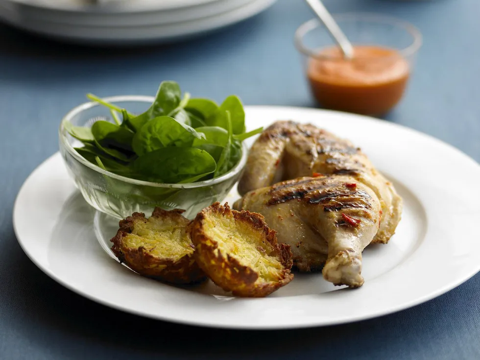 SPICY BARBECUED SPATCHCOCK WITH BAKED RÖSTI AND SWEET CAPSICUM PUREE