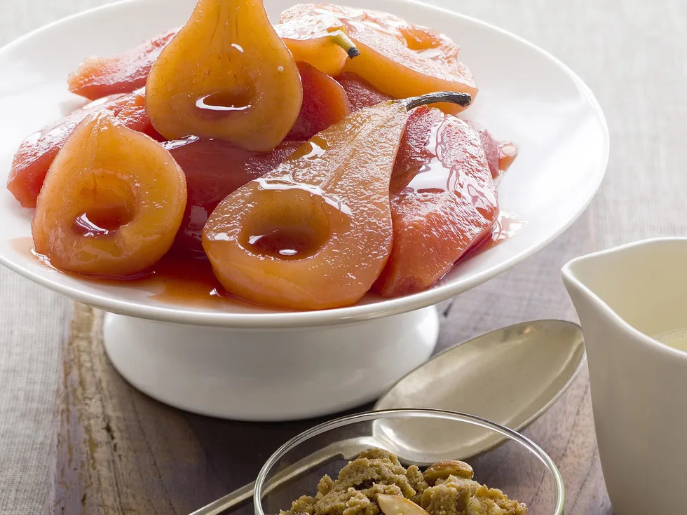 POACHED PEARS AND QUINCE WITH ALMOND CRUMBLE
