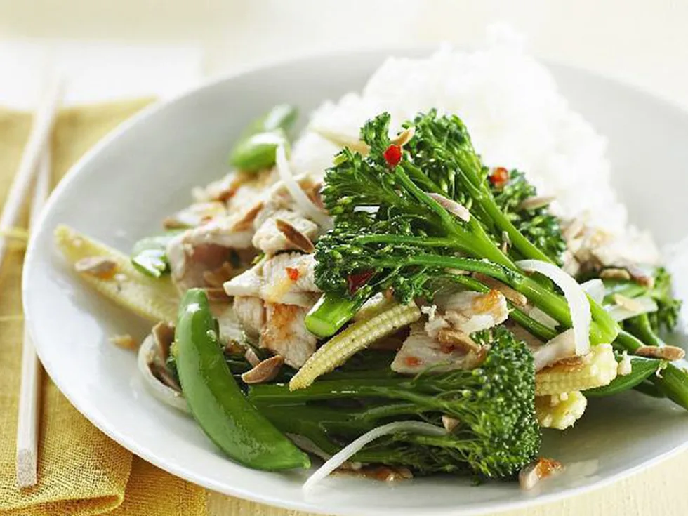 chicken, mixed vegies and almond stir-fry