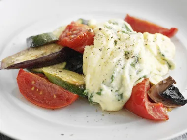 creamy spinach polenta with roasted vegetables