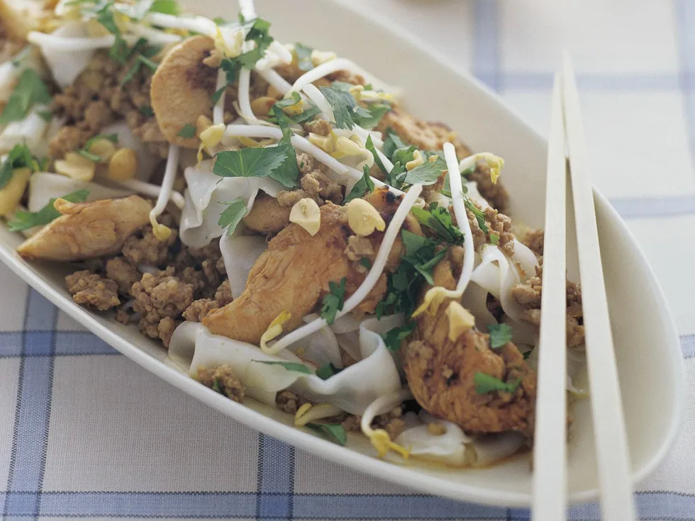 Chicken, pork and rice noodle stir-fry