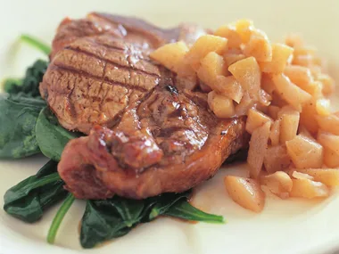veal chops with pear relish and spinach